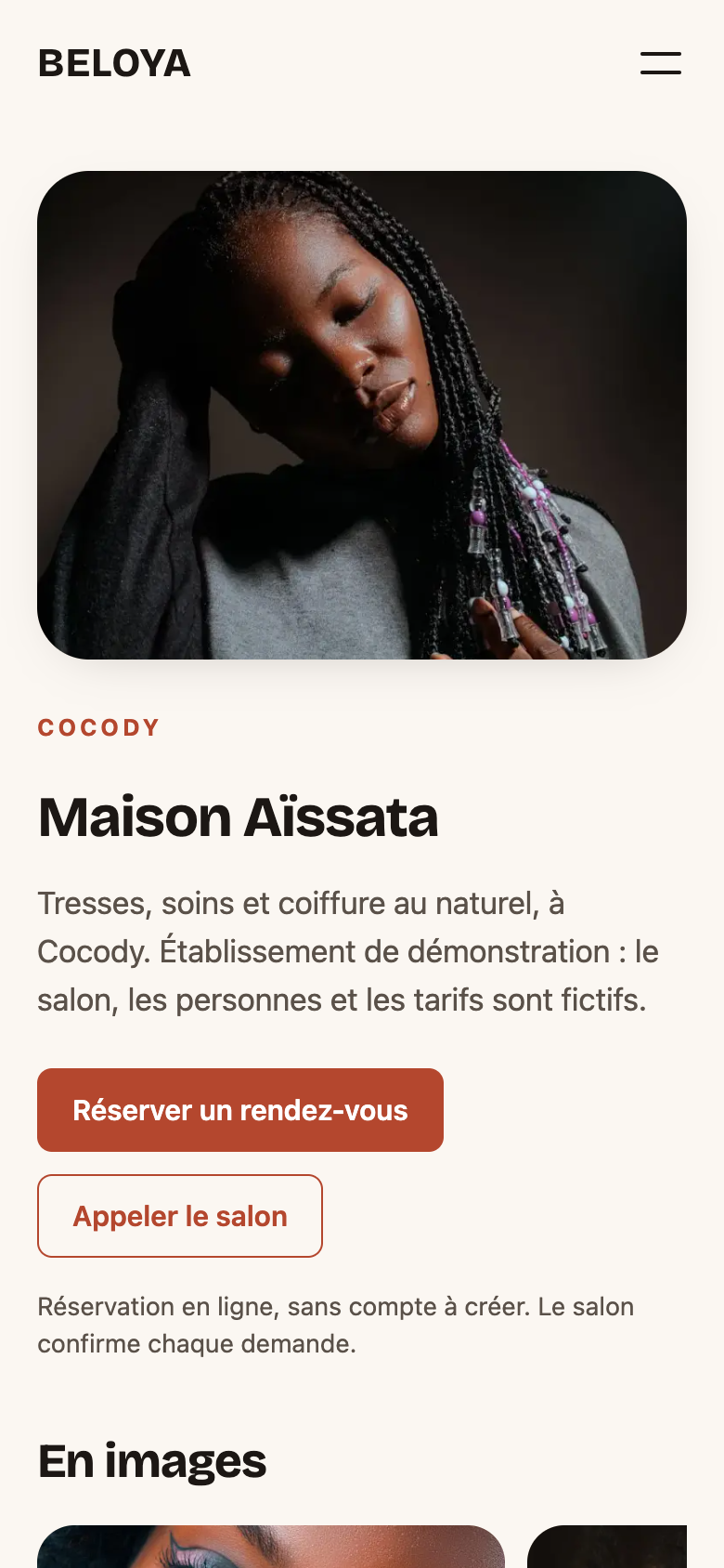 Page publique d’un salon sur Beloya : une photographie du salon, son nom, son quartier, sa présentation, et le bouton pour réserver.